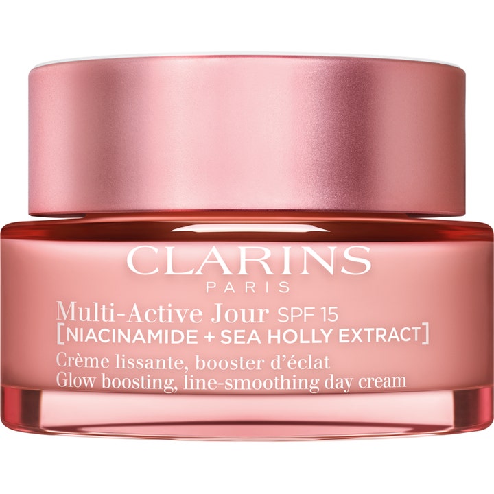 Clarins Multi-Active Jour SPF 15 50ml glødgivende dagkrem i rosa glasskrukke med metallisk rosa lokk