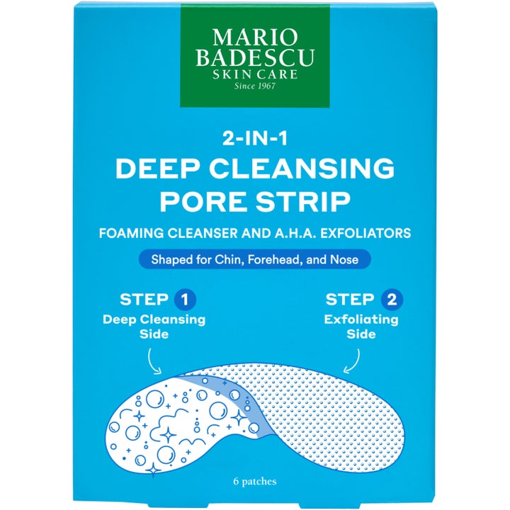 Mario Badescu 2-In-1 Deep Cleansing Pore Strip 6 stk dyprensende AHA-strips i blå eske med hvit illustrasjon av stripsen