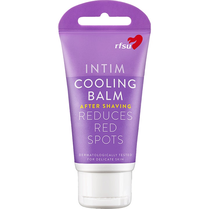RFSU Intim Cooling Balm 40 ml reduserer røde prikker etter barbering i en lilla tube med hvit kork.