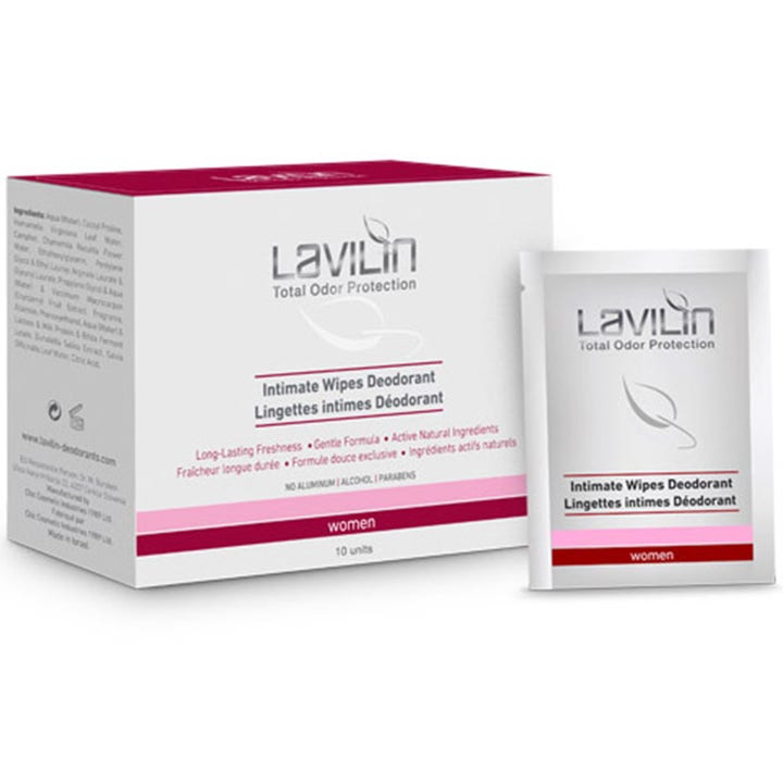 Lavilin Intimate Wipes Deodorant 10 stk gir friskhet i hvit og rød forpakning med en praktisk enkeltserviettsachett.