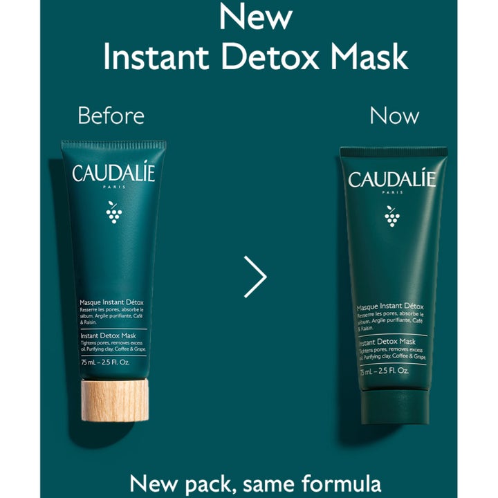 Caudalie Instant Detox Mask 75 ml ansiktsmaske som renser porene vist i gammel og ny forpakning med mørkegrønn kork