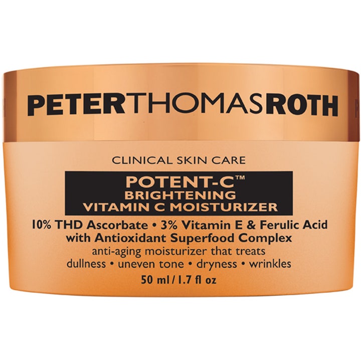 Peter Thomas Roth Potent-C Vitamin C Moisturizer 50 ml glødgivende ansiktskrem i en oransje krukke med metallisk lokk.