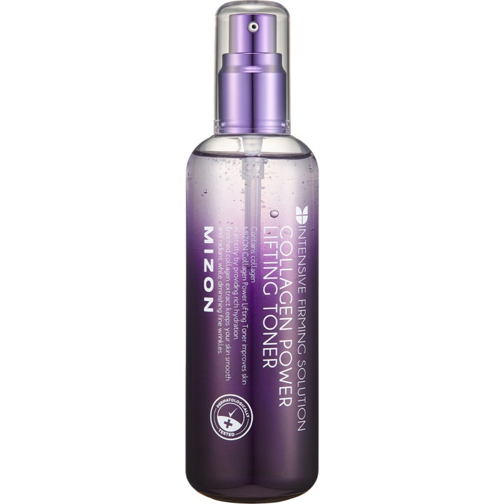 Mizon Collagen Power Lifting Toner oppstrammende ansiktsvann som gir fukt i en lilla gradientflaske med praktisk pumpe.