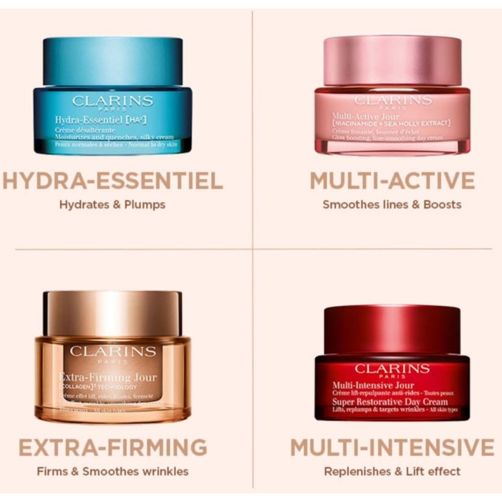 Clarins Extra-Firming Jour 50 ml oppstrammende dagkrem i gullfarget krukke som gir løfteeffekt og glatter ut rynker
