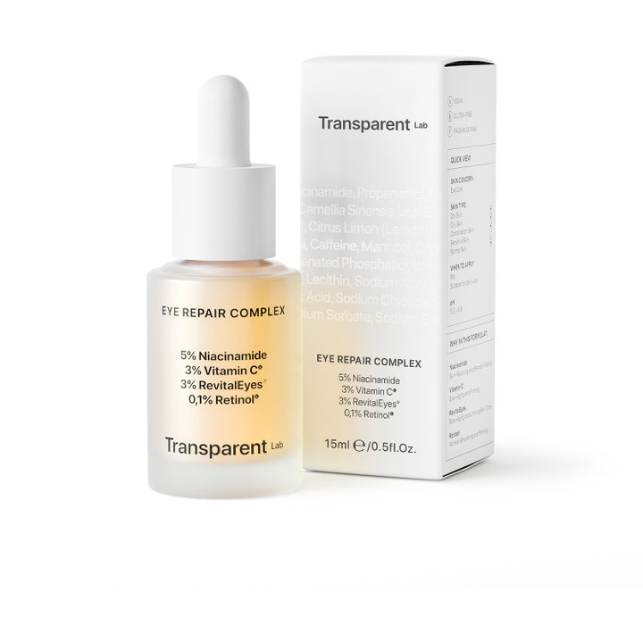 Transparent Lab Eye-Repair Complex 15 ml øyekrem med niacinamid og retinol i frostet glassflaske