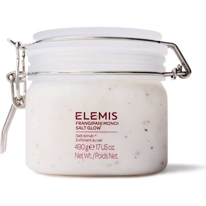 Elemis Frangipani Monoi Salt Glow 490g eksfolierende kroppsskrubb i glasskrukke med metallås og kremet tekstur