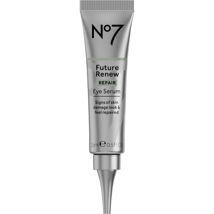 No7 Future Renew Repair Eye Serum 15ml reparerende øyeserum i en sølvfarget tube med presisjonsapplikator