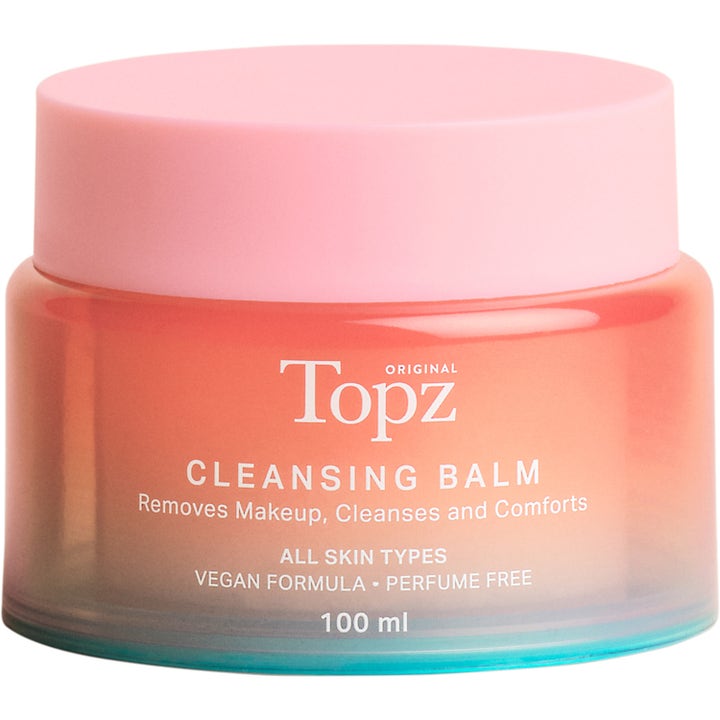 Topz Original Cleansing Balm 100 ml rensende balm fjerner sminke i en ferskenfarget krukke med rosa lokk.
