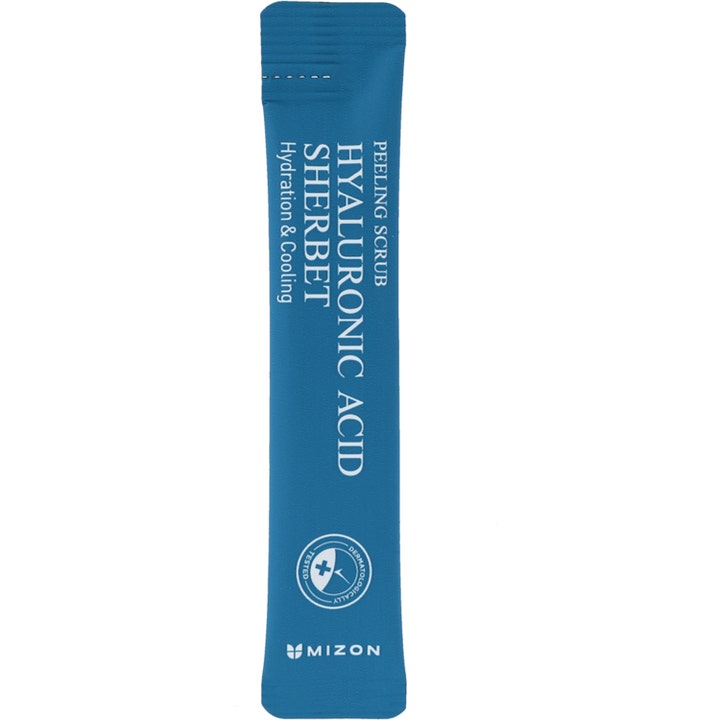 Mizon Hyaluronic Acid Sherbet Peeling Scrub stick fuktgivende ansiktsskrubb i blå porsjonspose med hvit tekst
