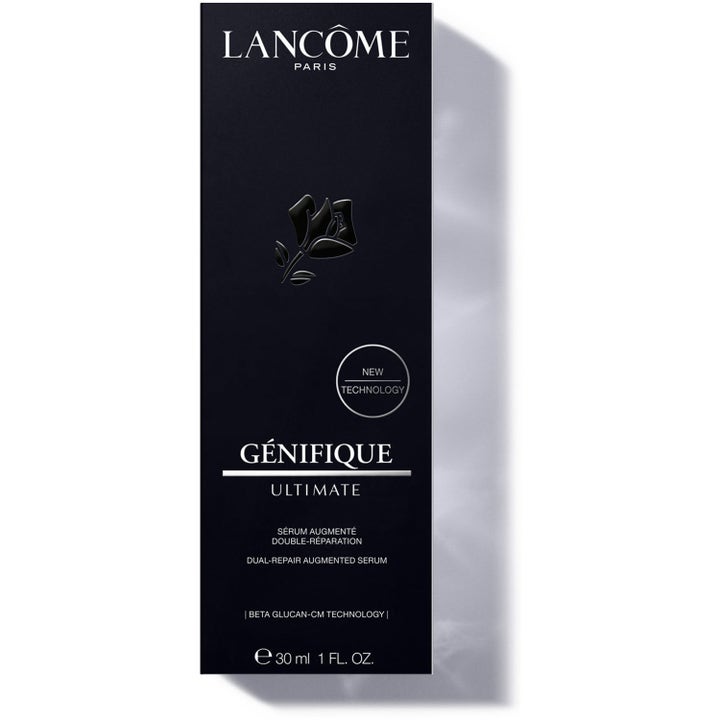 Lancôme Génifique Ultimate 30 ml reparerende ansiktsserum i elegant svart eske med sølvdetaljer og ikonisk rose.