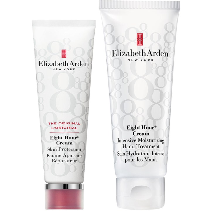 Elizabeth Arden Eight Hour Cream Duo gir intensiv fuktighet med to hvite tuber dekorert med mønster av grå åttetall.