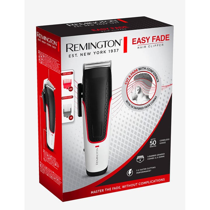 Remington Easy Fade Hair Clipper 1 stk hårklipper i hvit og sort eske som viser tilbehør og fade-teknikk