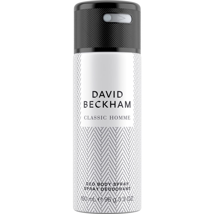 David Beckham Classic Homme 150 ml deospray som gir friskhet i hvit metallbeholder med grått sikksakkmønster