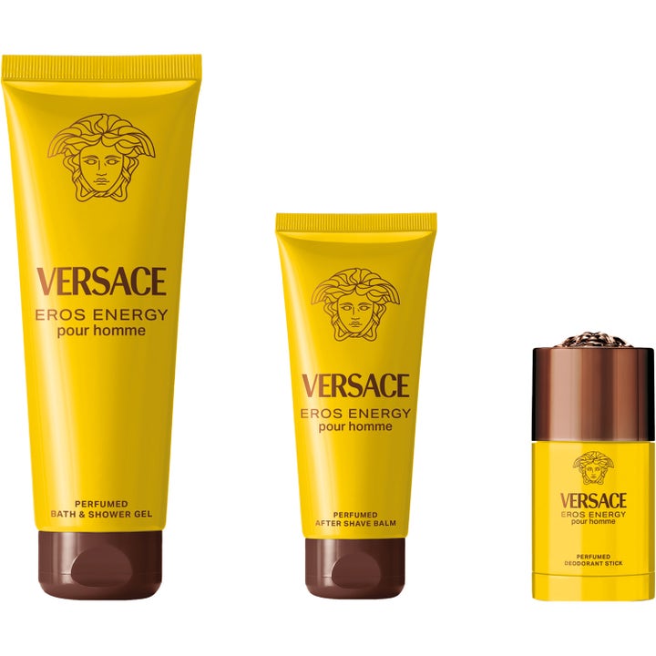 Versace Eros Energy 250 ml dusjsåpe i gul tube sammen med matchende after shave balm og deodorant stick