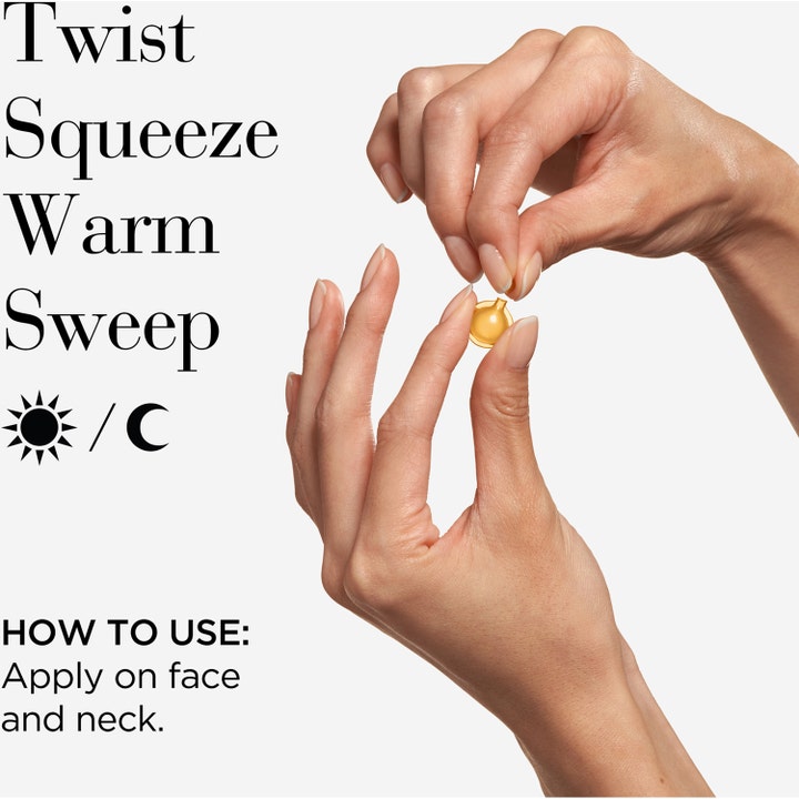 Elizabeth Arden Ceramide Capsules 60 stk ansiktsserum hender som åpner kapsel med tekst Twist Squeeze Warm Sweep