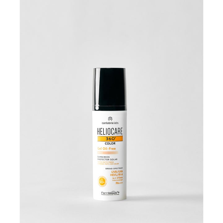 Heliocare 360 Color Gel Oil-Free Beige 50 ml beskyttende solkrem i hvit flaske med sort kork gir matt finish.