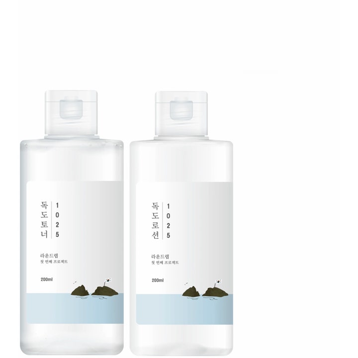 Round Lab 1025 Dokdo Toner og Lotion 200ml som gir fuktighet i to klare flasker med minimalistisk øy-illustrasjon