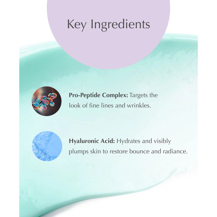 Exuviance Pro-Plump Hydrating Cream 45 g nattkrem infografikk med Pro-Peptide Complex og Hyaluronic Acid