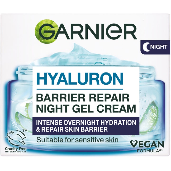Garnier SkinActive Hyaluronic Aloe Jelly Night 50 ml fuktighetsgivende nattkrem i hvit eske med blå geltekstur