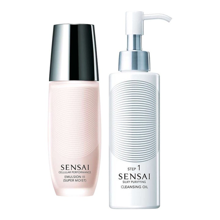 Sensai Cellular Performance Emulsion III og Cleansing Oil fuktgivende duo i rosa flaske og hvit pumpeflaske