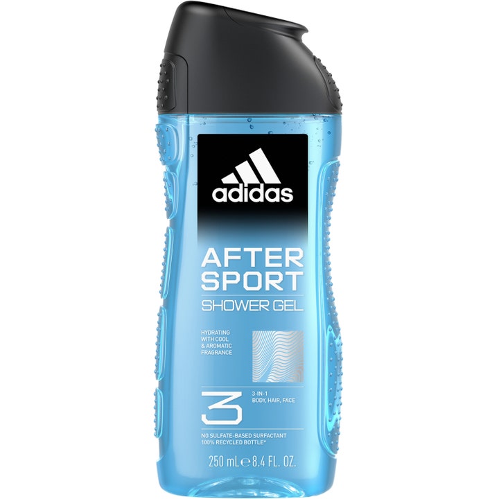 Adidas After Sport 250 ml fuktighetsgivende 3-i-1 dusjgel i blå gjennomsiktig flaske med svart kork