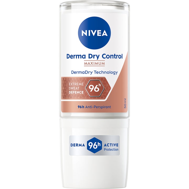 Nivea Derma Dry Control Maximum 50 ml deodorant gir 96 timers beskyttelse i hvit roll-on med bronsefarget etikett.