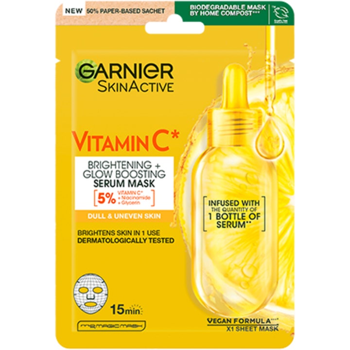 Garnier SkinActive Vitamin C Serum Mask x1 sheet mask gir glød til gusten hud i gul sachet med sitronillustrasjon