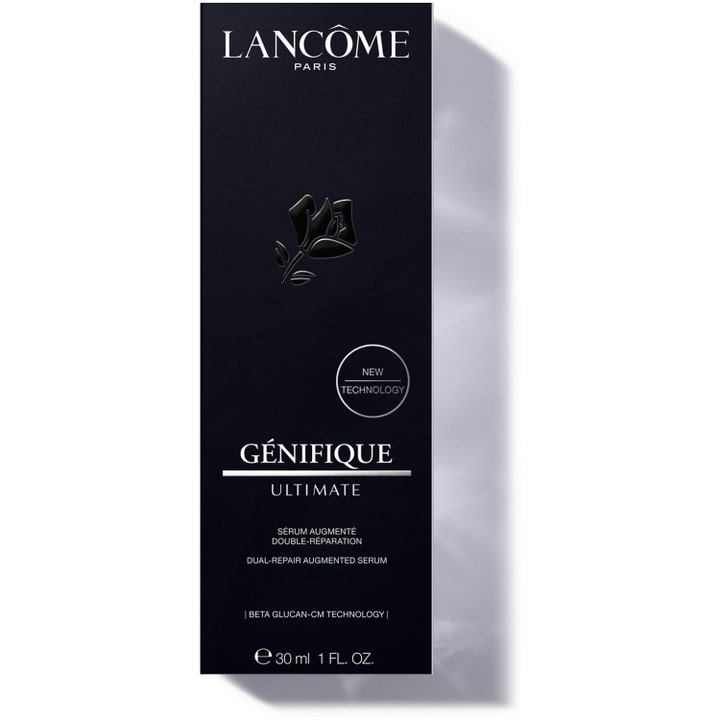 Lancôme Génifique Ultimate Serum 30 ml reparerende ansiktsserum i sort eske med sølvtekst og rose-logo