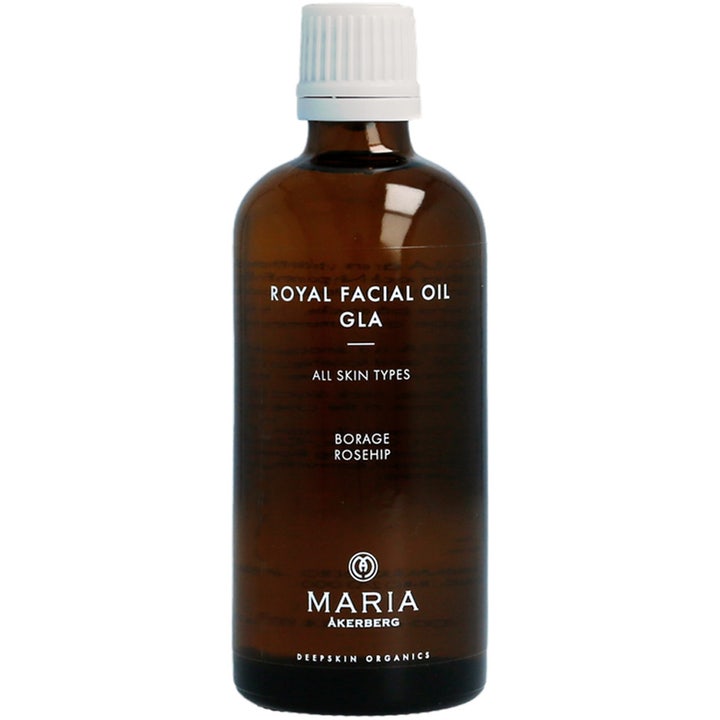 Maria Åkerberg Royal Facial Oil GLA 100 ml nærende ansiktsolje i mørk glassflaske med hvitt skrulokk.