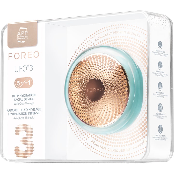 FOREO UFO 3 Mint 1 stk fuktighetsgivende ansiktsapparat i gjennomsiktig emballasje med rosegull detaljer