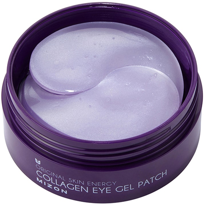 Mizon Collagen Eye Gel Patch 60 stk fuktighetsgivende øyemasker med glitrende lilla gel-patches i en lilla krukke