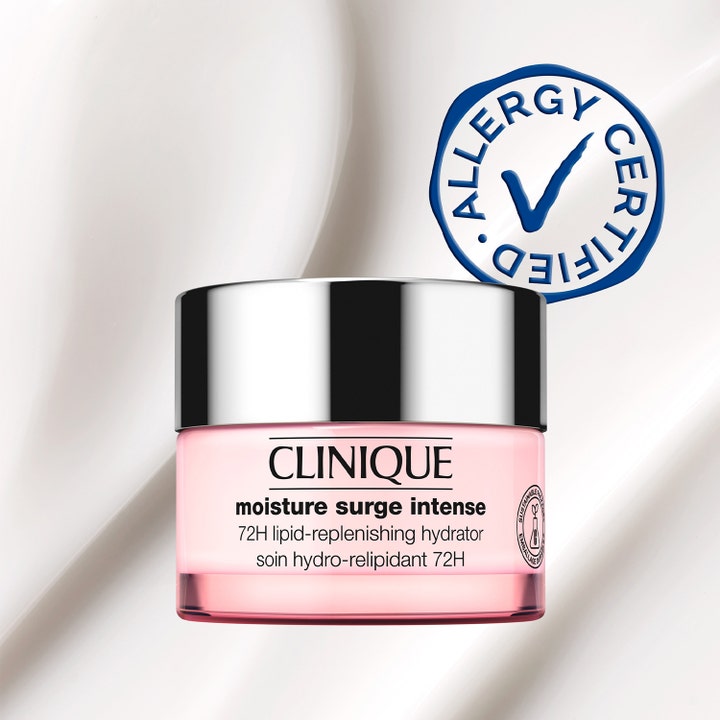 Clinique Moisture Surge Intense 50 ml fuktgivende ansiktskrem i rosa krukke med sølvlokk og Allergy Certified-merke.