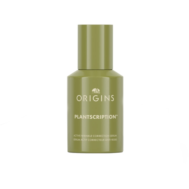 Origins Plantscription Active Wrinkle Correction Serum mot rynker i en olivengrønn glassflaske med matchende kork