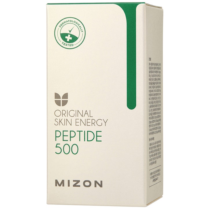 Mizon Peptide 500 30 ml serum for spenst i en hvit og grønn eske med teksten Original Skin Energy.
