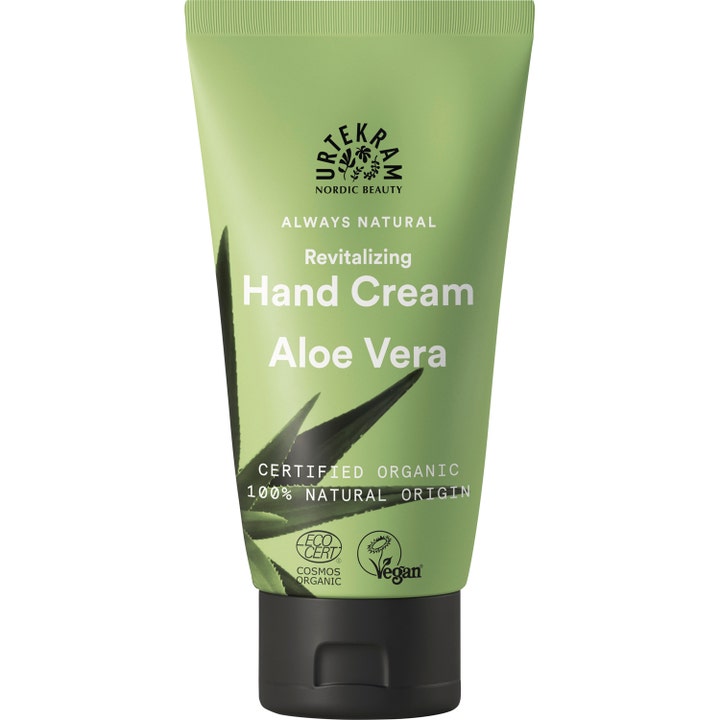 Urtekram Revitalizing Hand Cream Aloe Vera 75ml revitaliserende håndkrem i grønn tube med sort kork og aloe-motiv.