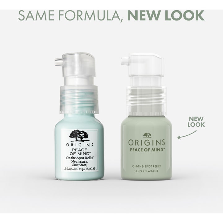 Origins Peace Of Mind On The Spot Relief 15 ml punktbehandling viser gammelt og nytt grønt flaskedesign