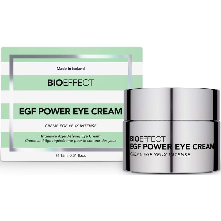 BIOEFFECT EGF Power Eye Cream 15ml anti-age øyekrem i sølvfarget krukke ved hvit og mintgrønn stripete eske.