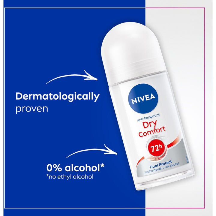 NIVEA Dry Comfort 50 ml rollon deodorant gir 72t beskyttelse i hvit glassflaske merket med 0 prosent alkohol.