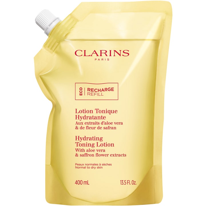 Clarins Hydrating Toning Lotion 400 ml fuktighetsgivende ansiktsvann i en gul refillpose med hvit skrukork