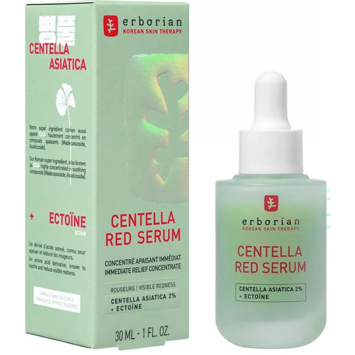 Erborian Centella Red Serum 30 ml beroligende ansiktsserum med ektoin i frostet glassflaske som demper synlig rødhet.