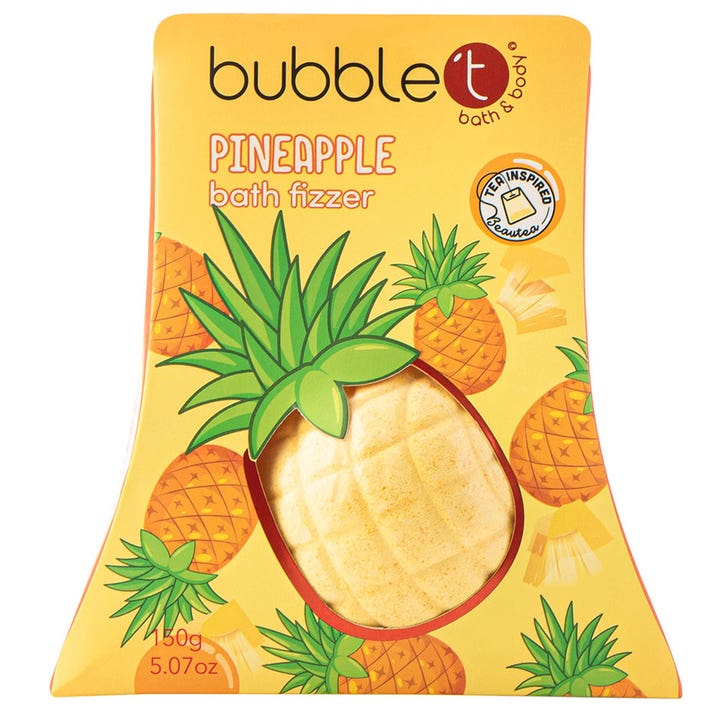 Bubble T Pineapple Bath Fizzer 150g badebombe i gul eske formet som en ananas med grønne blader
