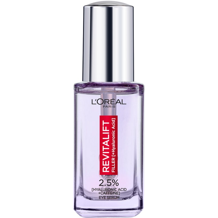L'Oréal Paris Revitalift Filler Eye Serum 20 ml øyeserum mot mørke ringer i klar glassflaske med sølvfarget kork