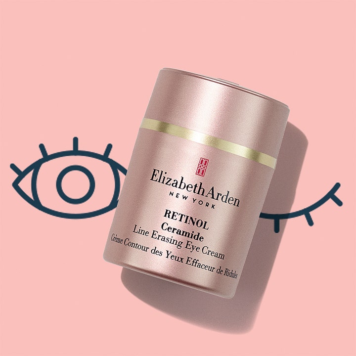 Elizabeth Arden Ceramide Retinol Eye Treatment 15 ml øyekrem i rosa krukke på rosa bakgrunn