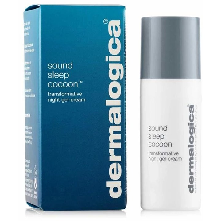 Dermalogica Sound Sleep Cocoon 10 ml nattkrem i hvit flaske med grått lokk ved siden av blå eske