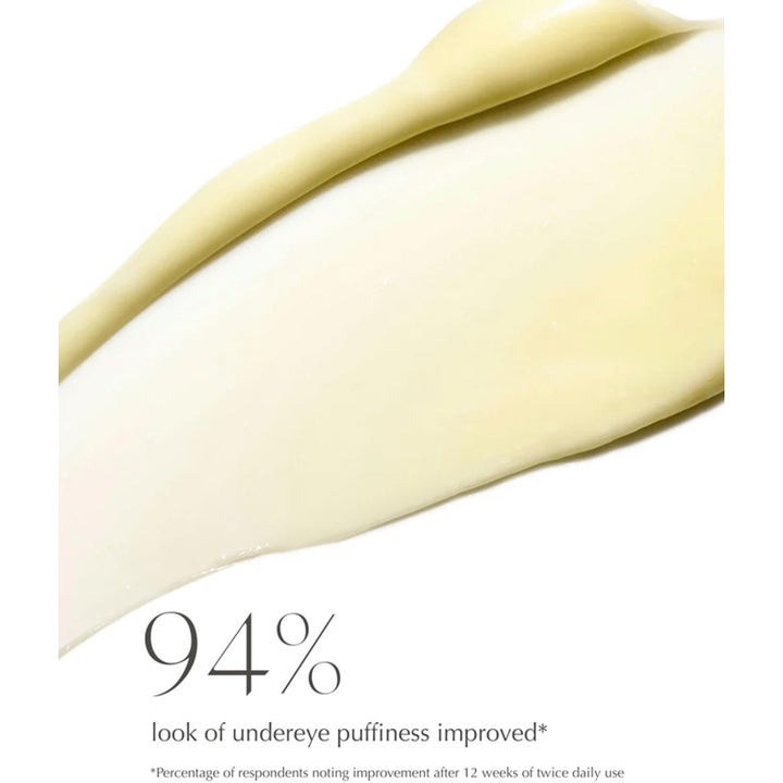 Exuviance Bright Eyes Dark Circle Corrector 15 g øyekrem med lysegul tekstur og tekst om 94 % mindre hevelser