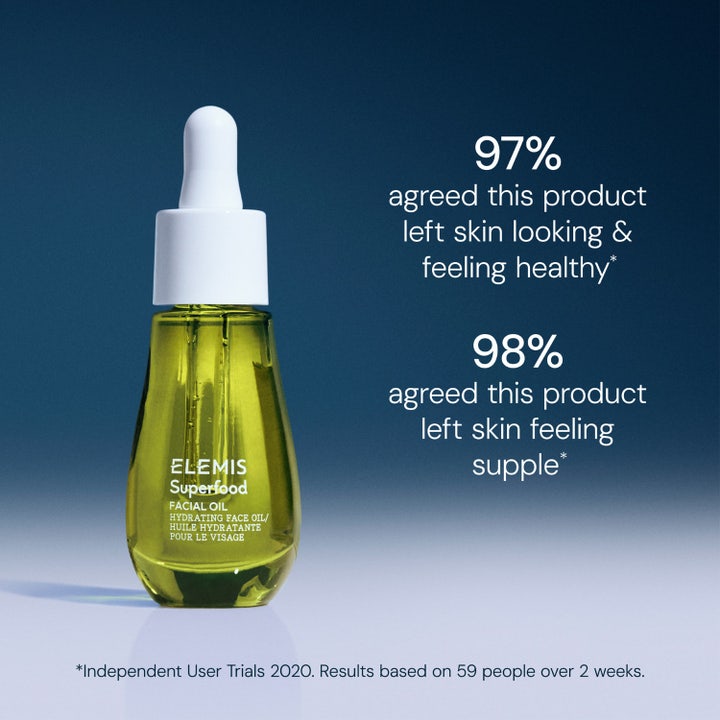 Elemis Superfood Facial Oil 15 ml fuktighetsgivende ansiktsolje i grønn flaske med tekst om 97% sunnere hud.