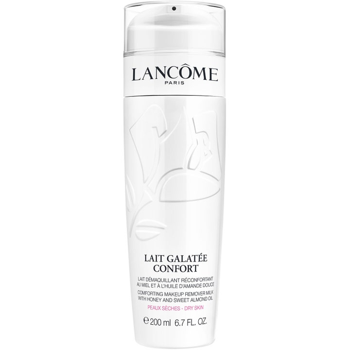 Lancôme Lait Galatée Confort 200 ml fuktighetsgivende rensemelk for tørr hud i hvit flaske med preget rose og klar kork.