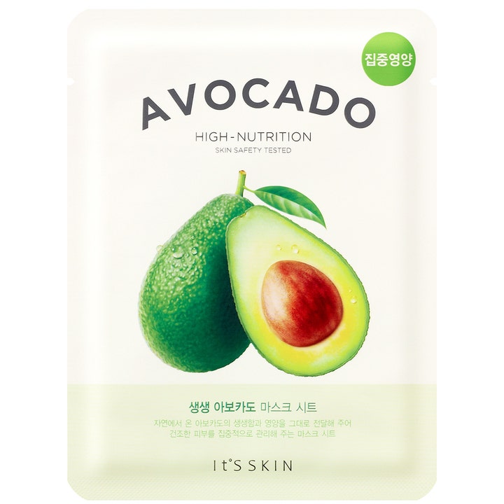 It'S SKIN Avocado High-Nutrition Mask Sheet 1 stk næringsgivende ansiktsmaske i hvit pose med frisk avokado