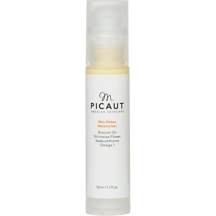 M Picaut Skin Detox Moisturiser 50 ml avgiftende ansiktskrem i hvit sylinderflaske med frostet kork.