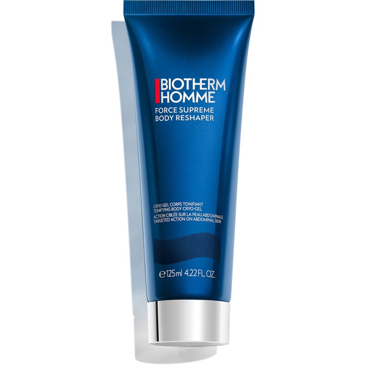 Biotherm Homme Force Supreme Body Reshaper 125ml oppstrammende kroppsgel i en glinsende blå tube med sølvkork